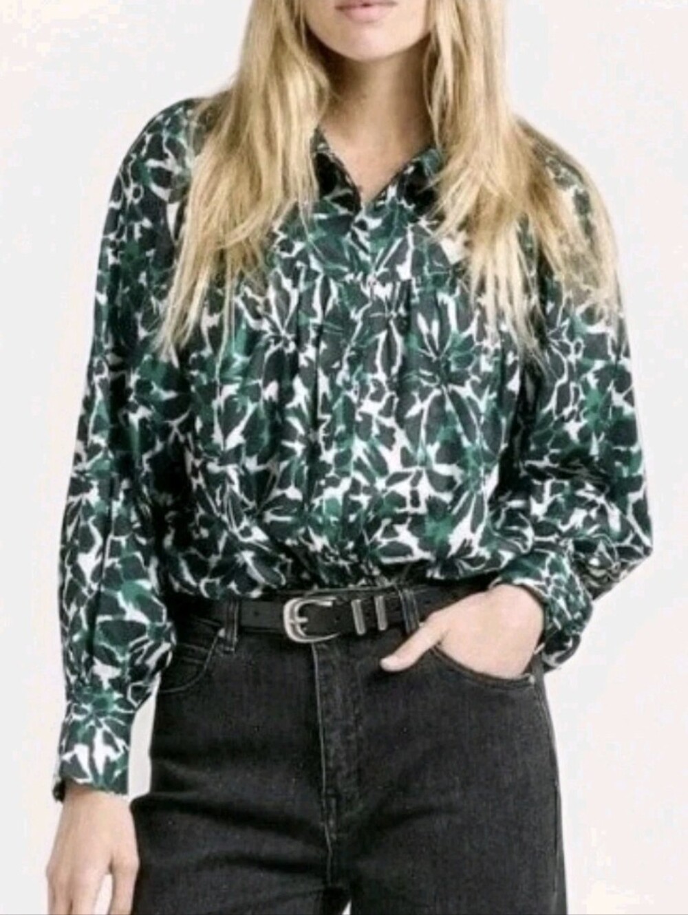Suncoo Laeticia Blouse Bright Green Black Print Silky Designer Sz M NEW $180